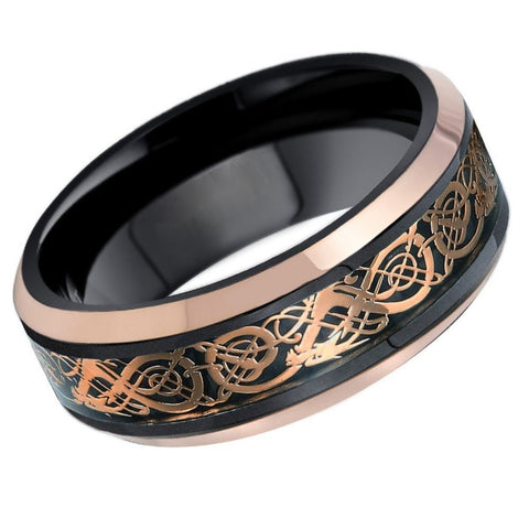 Unisex Tungsten Black And Rose Gold Plated Celtic Design Inlay Bevel Edge- 8mm Engraved Tungsten Ring