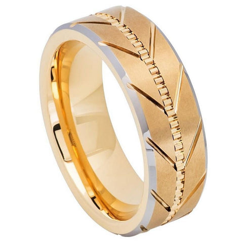 Men's Gold Designs Inlay Tungsten Wedding Band- 8mm Engraved Tungsten Ring