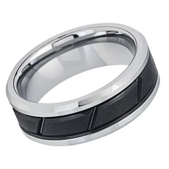 Men's Two Tone Tungsten Wedding Band With Black Diagonal Grooved Center and Silver Beveled Edges- 8mm Engraved Tungsten Ring