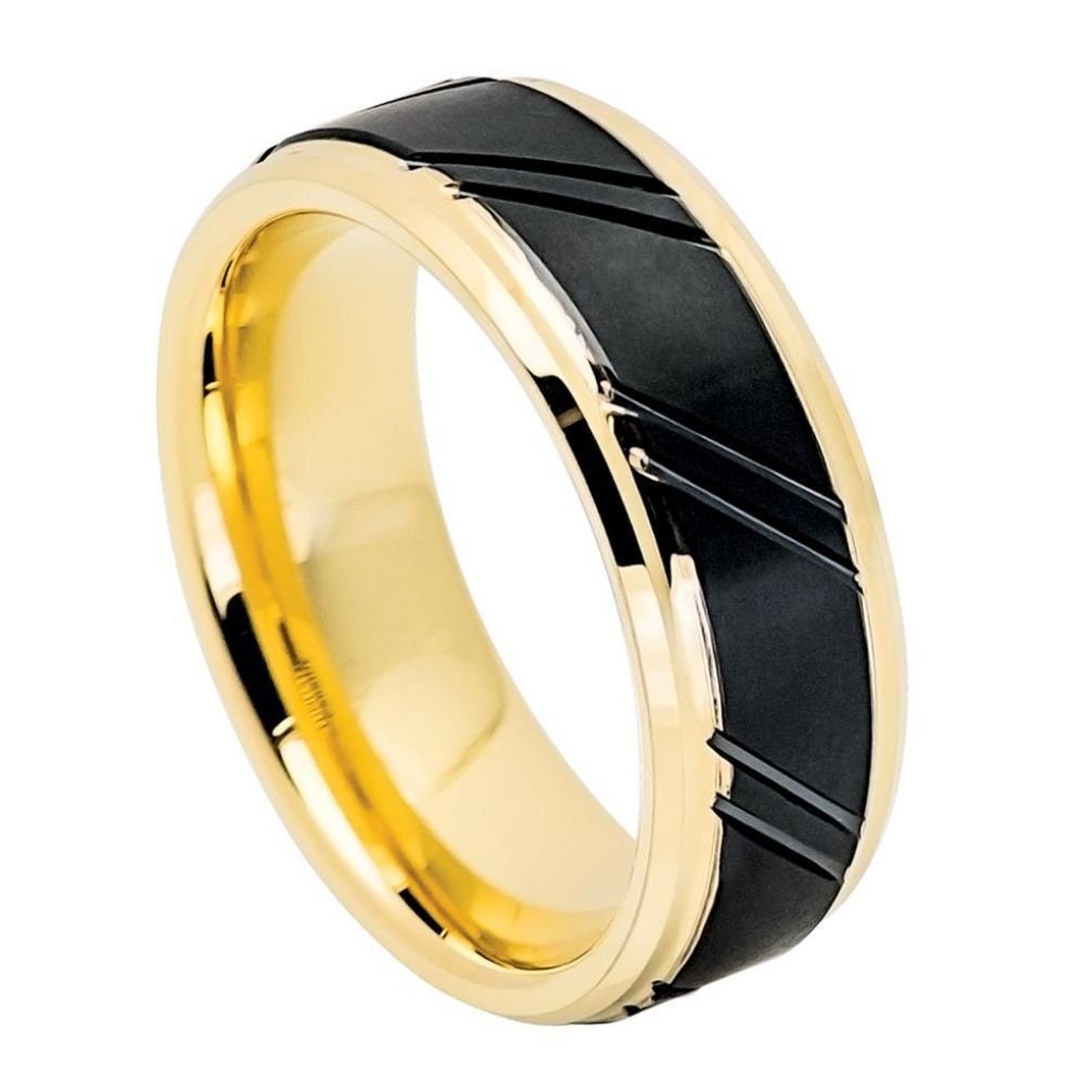 Men's Two Tone Tungsten Wedding Band With Black Diagonal Grooved Center With Yellow Gold Beveled Edges- 8mm Engraved Tungsten Ring