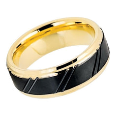 Men's Two Tone Tungsten Wedding Band With Black Diagonal Grooved Center With Yellow Gold Beveled Edges- 8mm Engraved Tungsten Ring