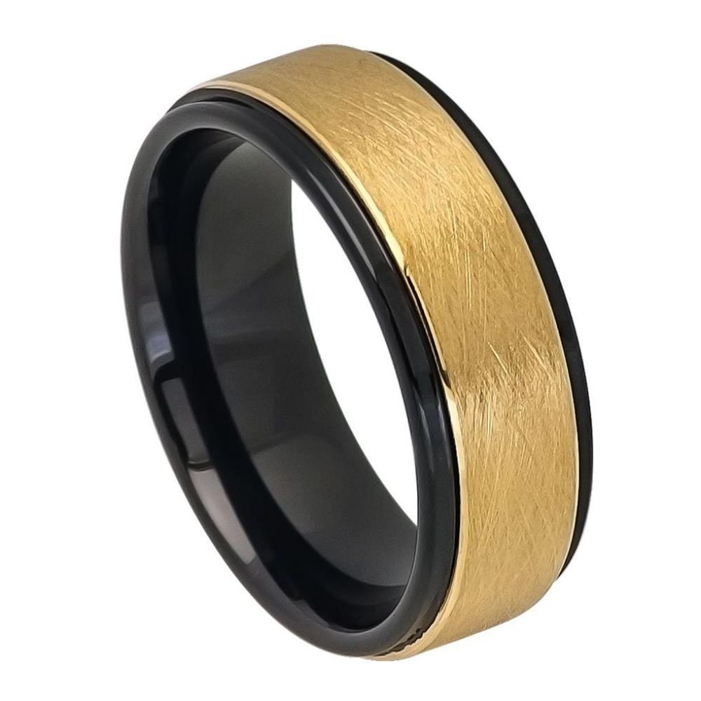 Men's Two Tone Tungsten Wedding Tungsten Ring With Gold Brushed Center and Black Interior Step Edges- 8mm Engraved Tungsten Ring