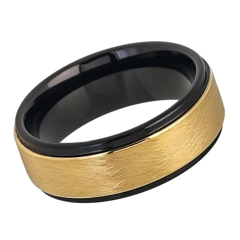 Men's Two Tone Tungsten Wedding Tungsten Ring With Gold Brushed Center and Black Interior Step Edges- 8mm Engraved Tungsten Ring