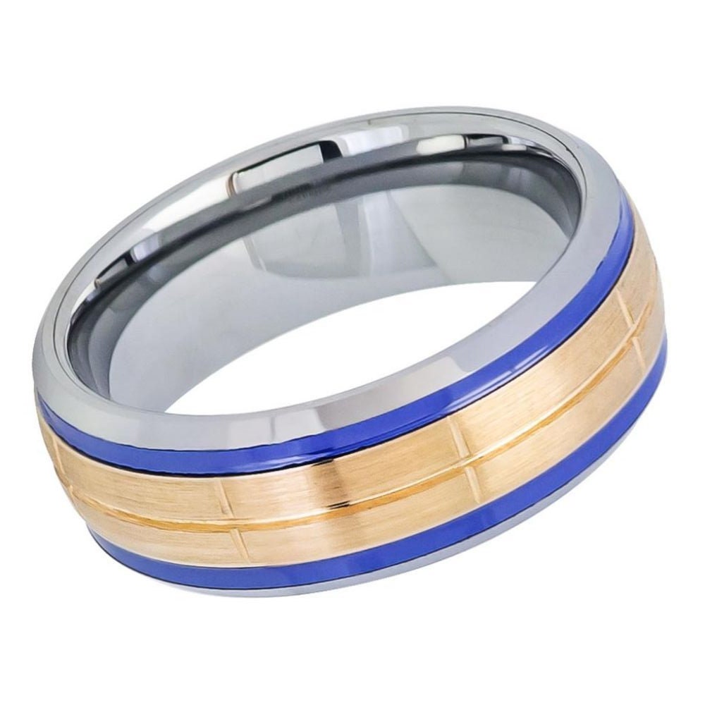 Men's Blue Band Yellow Gold Tungsten Carbide Comfort Fit Wedding- 8mm Engraved Tungsten Ring