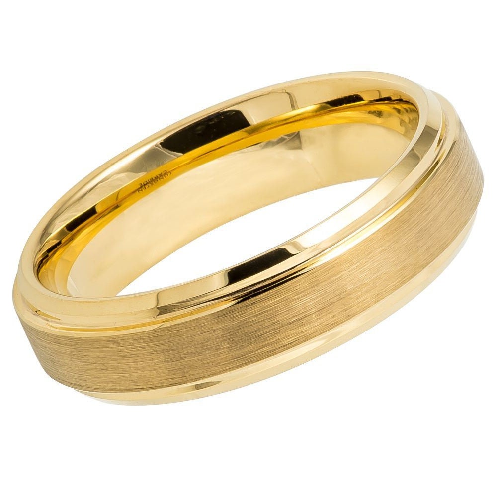 Men's Yellow Gold Brushed Tungsten Tungsten Ring Comfort Fit- 6mm Engraved Tungsten Ring