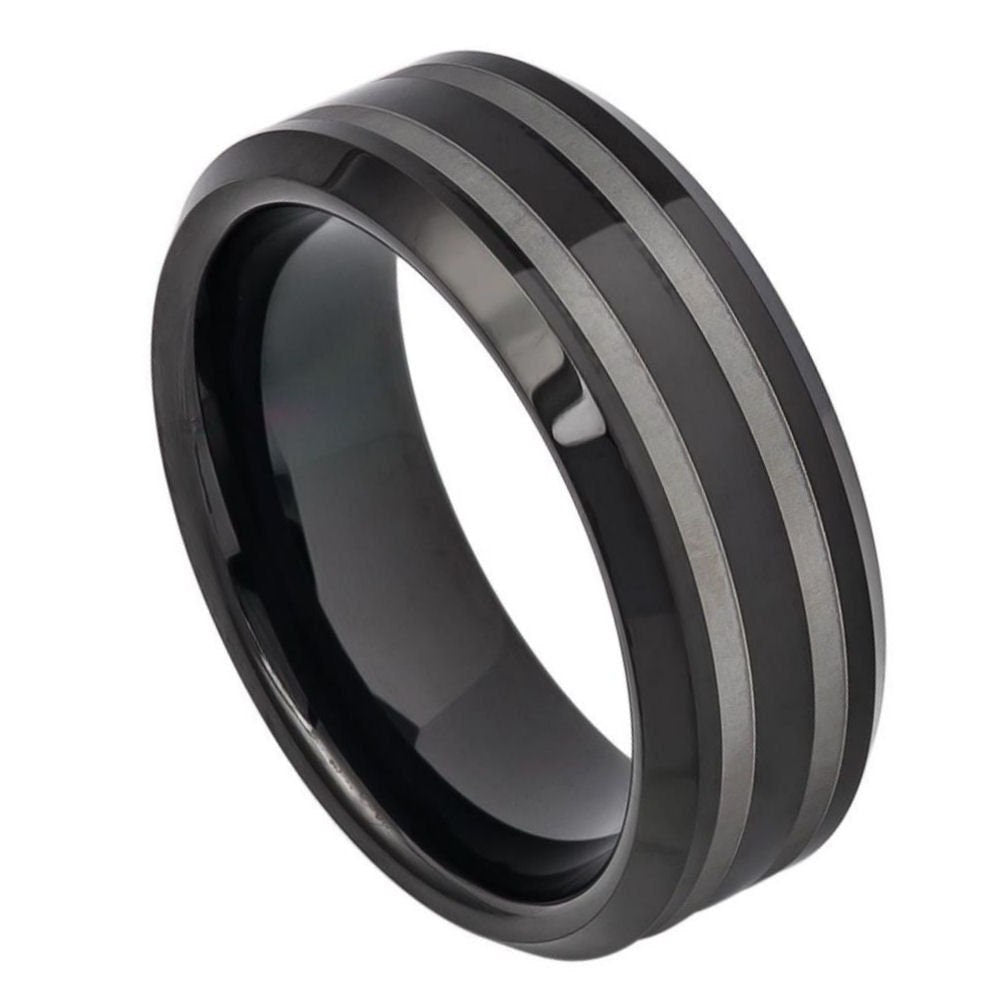 Men's Black Tungsten Double Gray Lines Wedding Band- 8mm Engraved Tungsten Ring