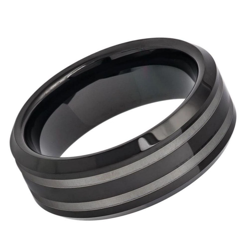 Men's Black Tungsten Double Gray Lines Wedding Band- 8mm Engraved Tungsten Ring