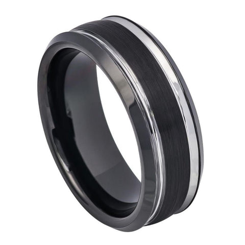 Men's Double Row Black Resin Inlaid Tungsten Vintage Silver Black- 8mm Engraved Tungsten Ring