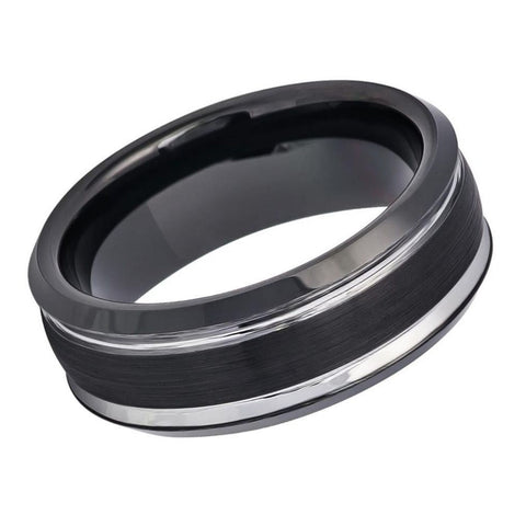 Men's Double Row Black Resin Inlaid Tungsten Vintage Silver Black- 8mm Engraved Tungsten Ring