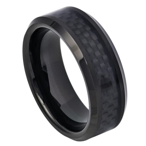 Men's Tungsten Tungsten Ring Black Carbon Fiber Inlay Polished Finished Wedding Band- 8mm Engraved Tungsten Ring