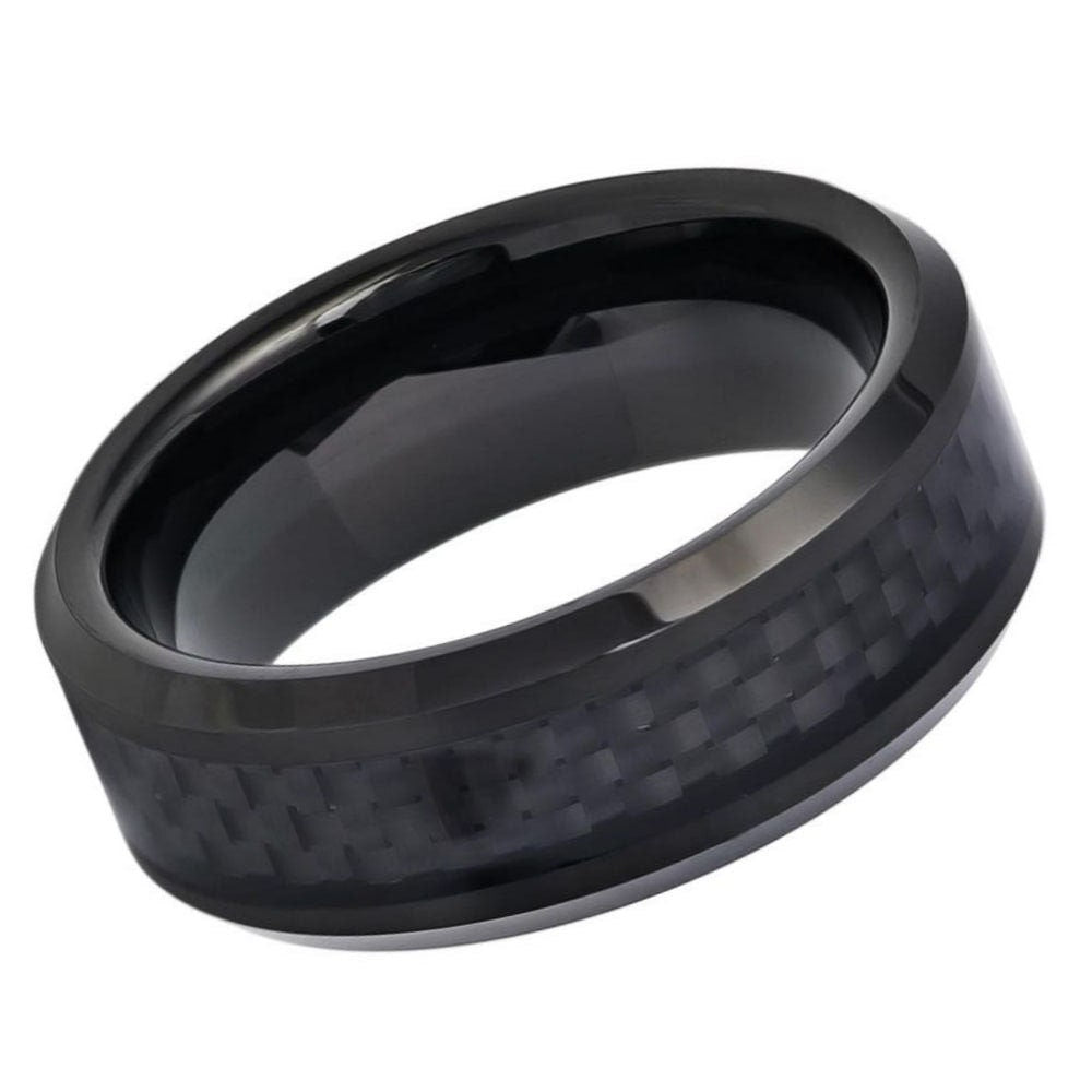 Men's Tungsten Tungsten Ring Black Carbon Fiber Inlay Polished Finished Wedding Band- 8mm Engraved Tungsten Ring