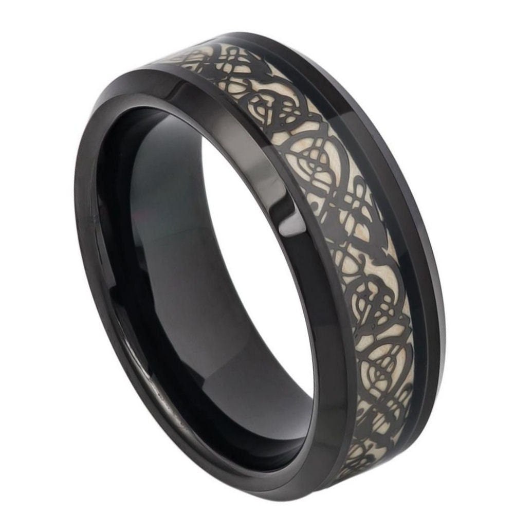 Men's Polished Black Tungsten Wedding Band With Celtic Knot Design- 8mm Engraved Tungsten Ring