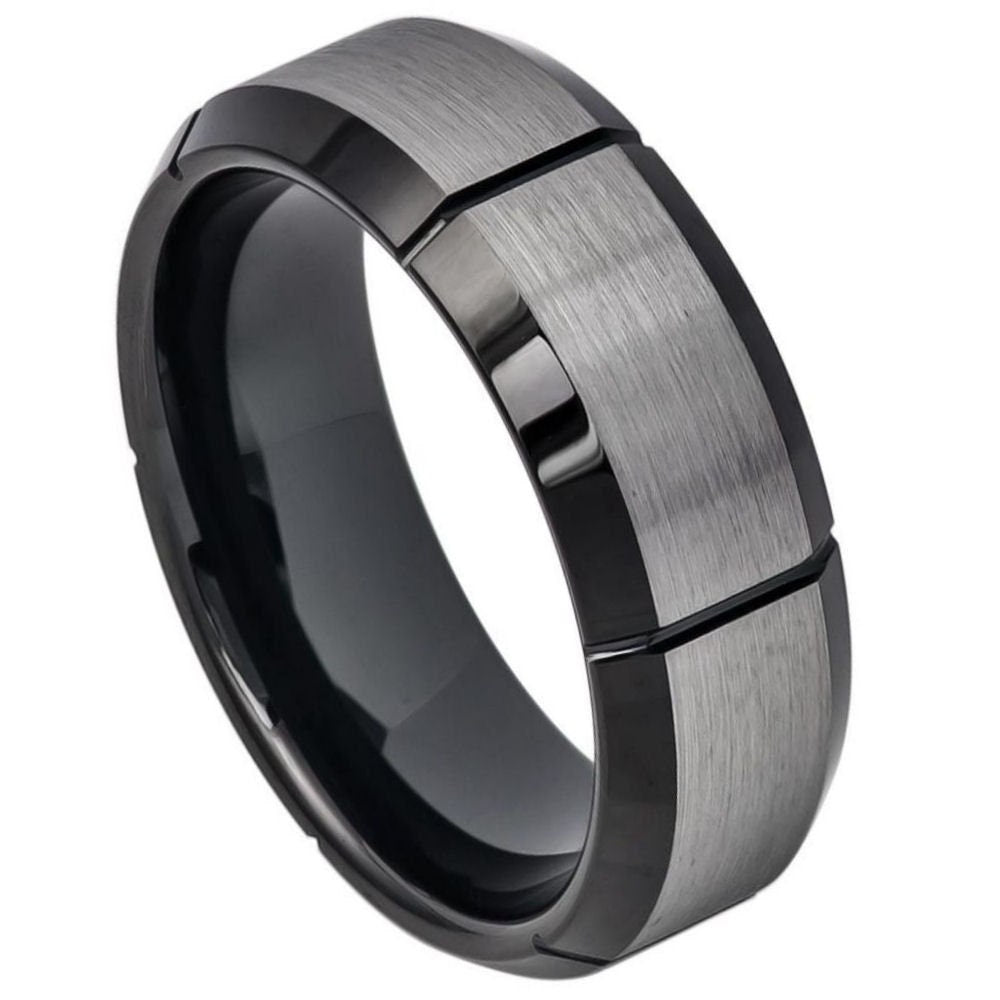 Men's Gun Metal Black Tungsten Wedding Band- 8mm Engraved Tungsten Ring