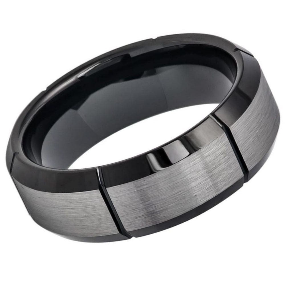 Men's Gun Metal Black Tungsten Wedding Band- 8mm Engraved Tungsten Ring