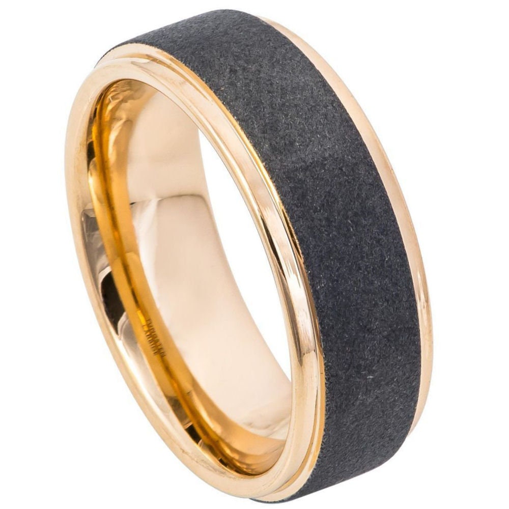 Men's Silky Yellow Gold Sandblast Black Tungsten- 8mm Engraved Tungsten Ring