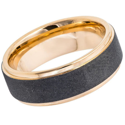 Men's Silky Yellow Gold Sandblast Black Tungsten- 8mm Engraved Tungsten Ring