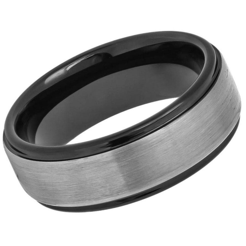 Men's Gray Matte Brushed Tungsten Black Step Edge Wedding Band- 8mm Engraved Tungsten Ring