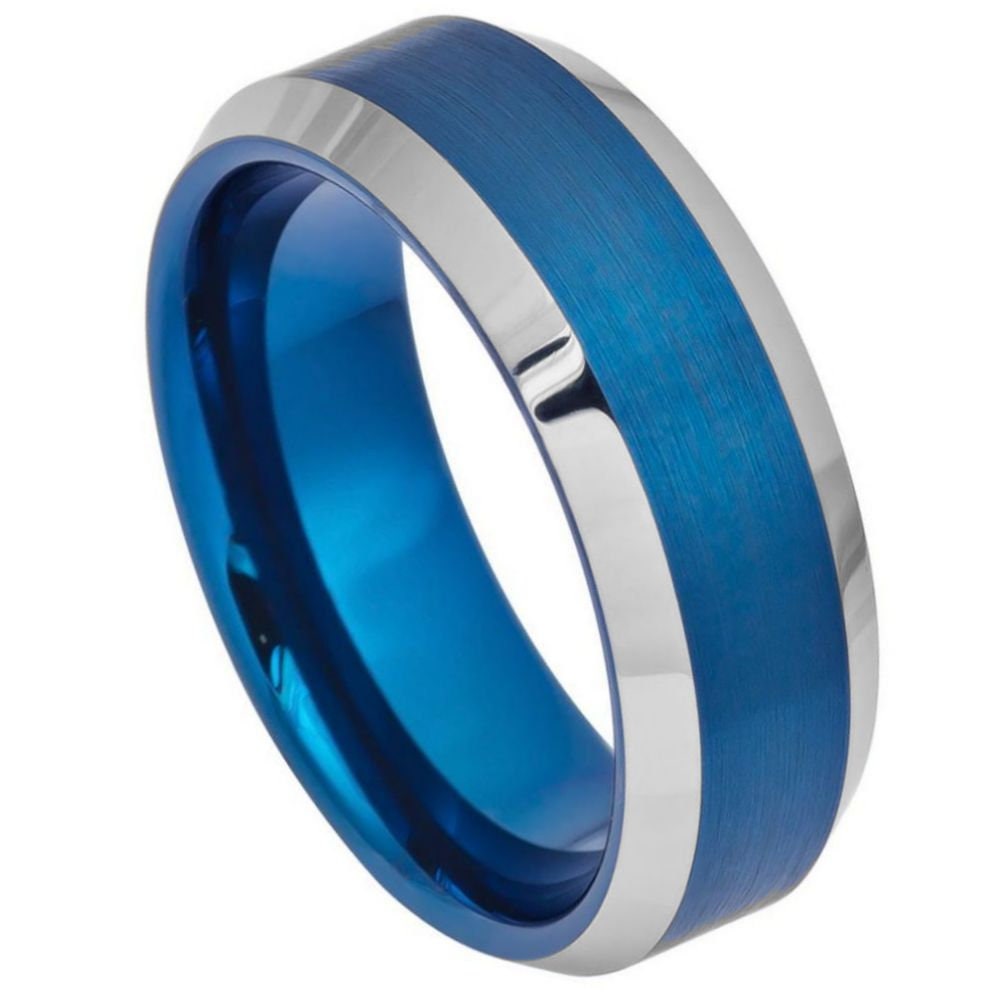 Men's Blue Tungsten Wedding Brushed High Polish Beveled Edge- 8mm Engraved Tungsten Ring