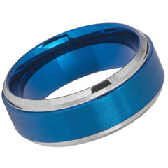 Men's Two Tone Blue IP Tungsten Wedding Band Brushed Finish Comfort Fit Beveled Carbide- 8mm Tungsten Ring