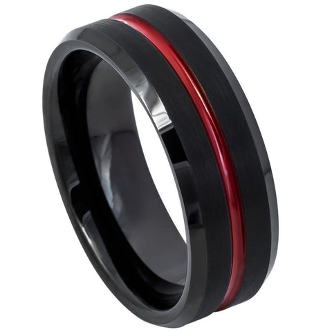 Men's Thin Red line Black Tungsten Wedding- 8mm Engraved Tungsten Ring