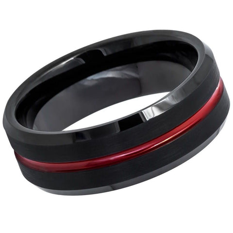 Men's Thin Red line Black Tungsten Wedding- 8mm Engraved Tungsten Ring