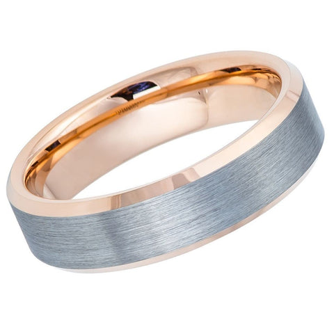 Men's Rose Gold Wedding Tungsten Ring With Brushed Silver Tungsten- 6mm Engraved Tungsten Ring