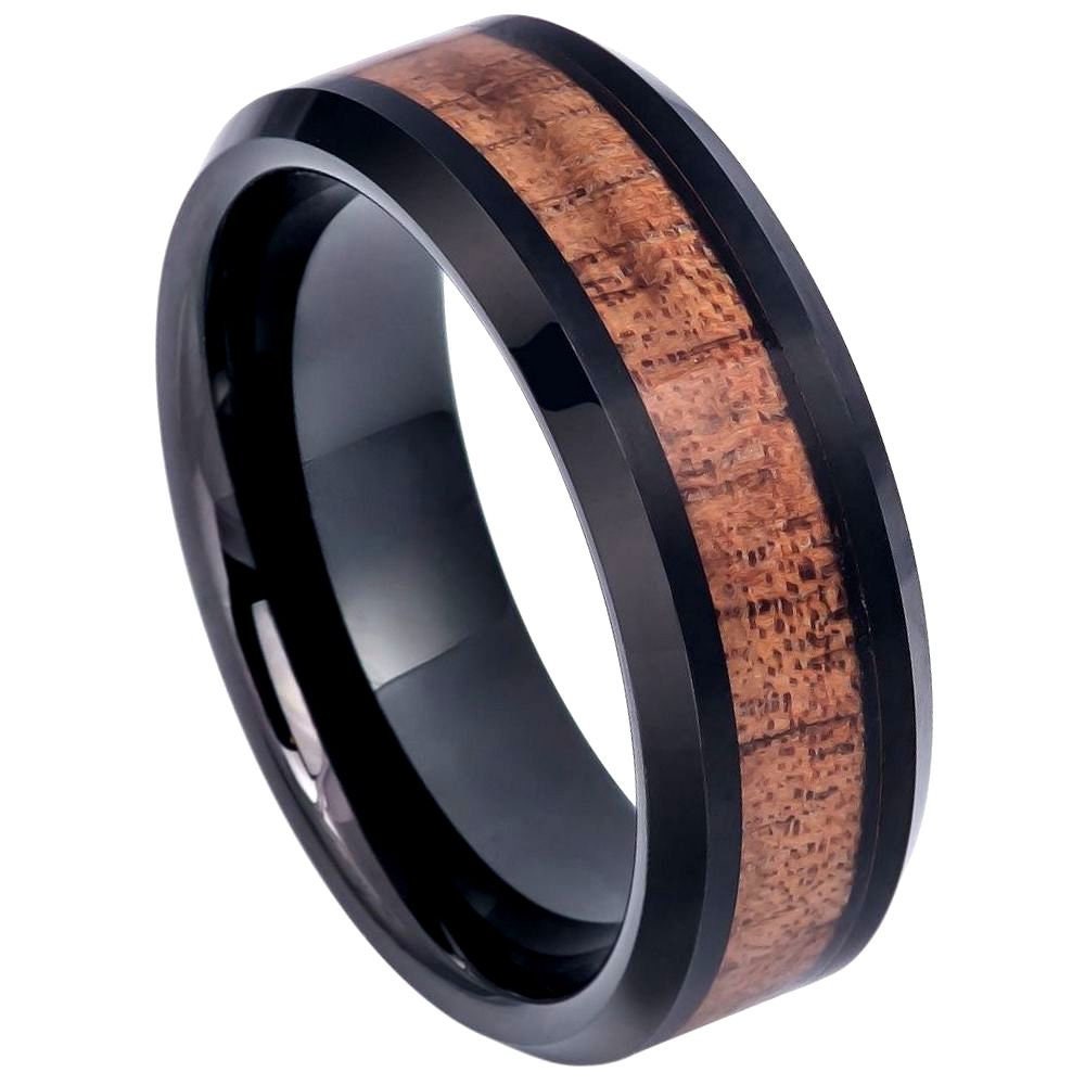 Men's Black Ion Plated Comfort Fit Wedding Carbide With Hawaiian Koa Wood Inlay- 8mm Engraved Tungsten Ring