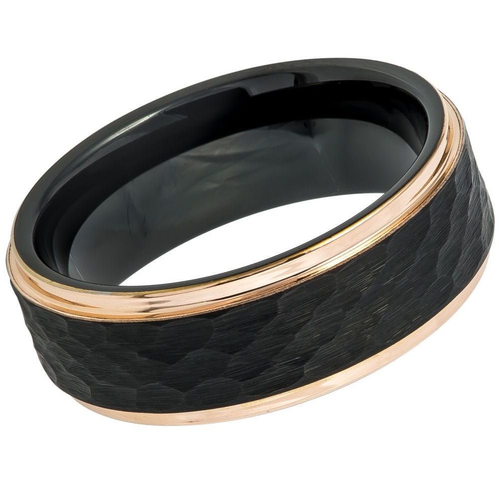 Men's Rose Gold Tungsten Central Black Hammered Center 6 & 8mm Engraved Tungsten Ring