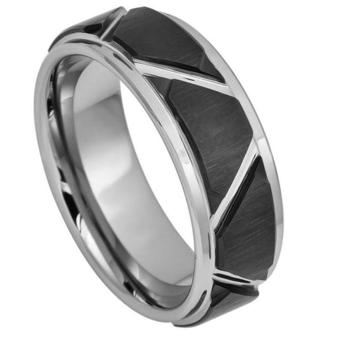 Men's Black Tungsten Carbide Silver Zigzag Groove Tire Tread Design Comfort Fit- 8mm Engraved Tungsten Ring