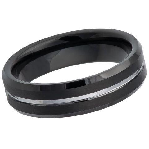 Men's Tungsten Wedding Black Band Silver Grooved- 6mm Engraved Tungsten Ring