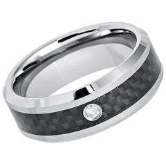 Men's Silver With Black Carbon Fiber With One Center Stone Tungsten Wedding Band Comfort Fit- 8mm Tungsten Ring