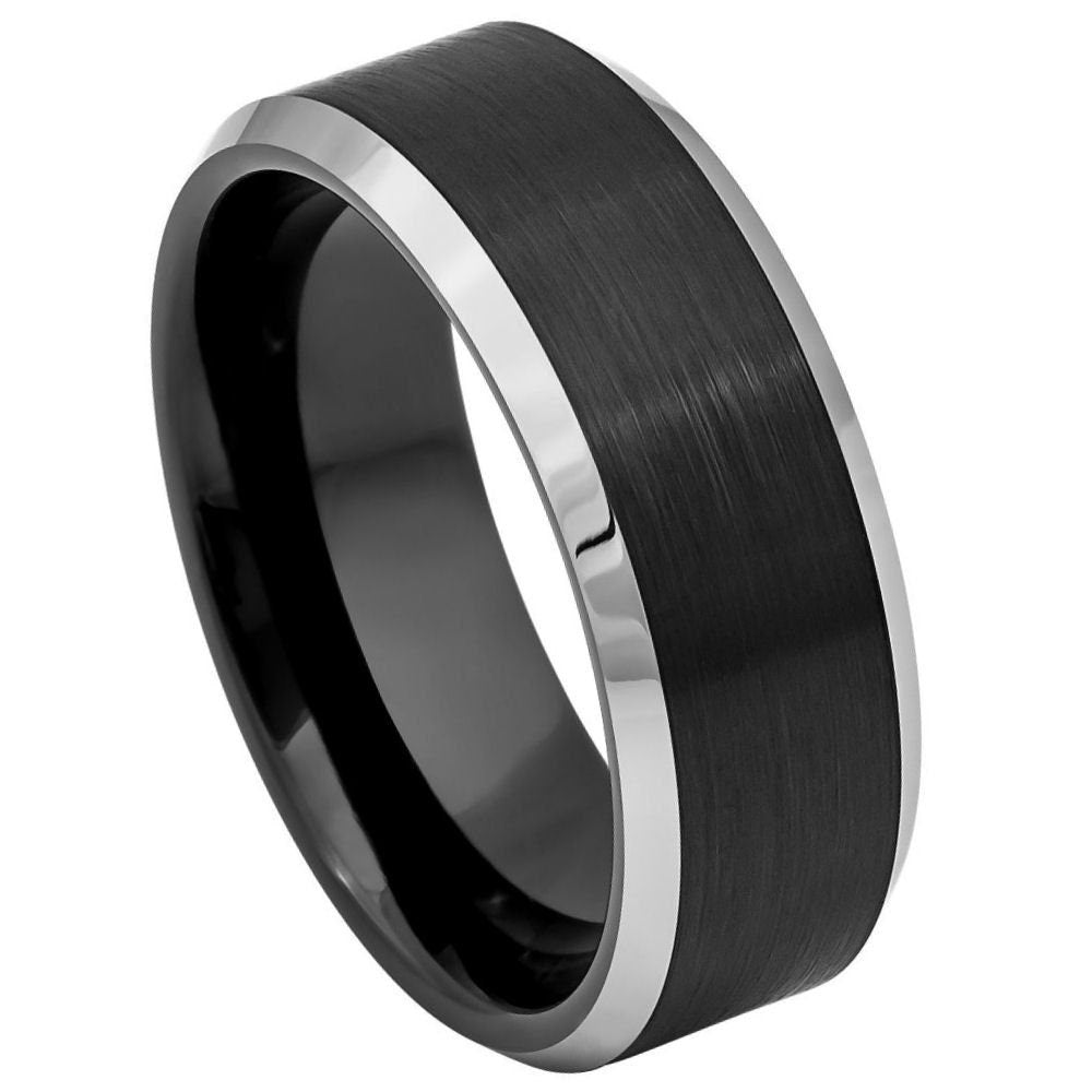 Men's Tungsten Wedding Band Black Carbide With Polished Silver Shiny Edge- 8mm Tungsten Ring