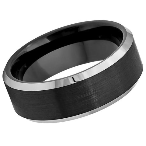 Men's Tungsten Wedding Band Black Carbide With Polished Silver Shiny Edge- 8mm Tungsten Ring