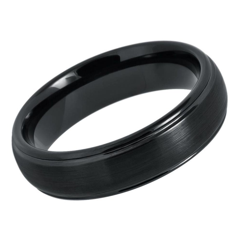 Unisex Black Tungsten With Beveled Edges Wedding Band- 6mm Engraved Tungsten Ring