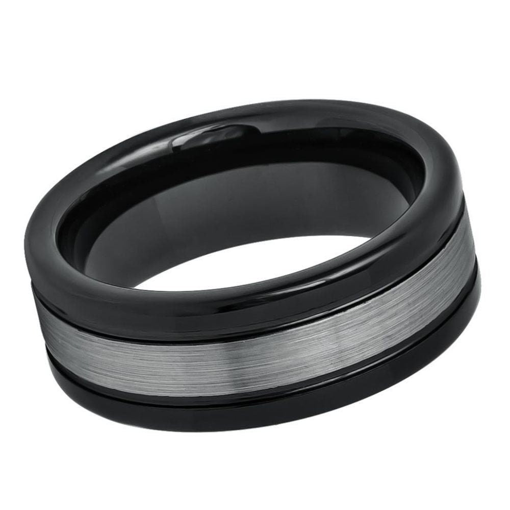 Men's Gray Matte Brushed Tungsten Carbide Black Step Edge Wedding- 8mm Tungsten Ring