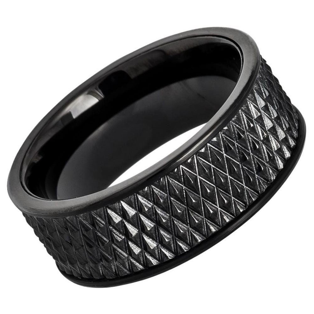 Men's Black IP Plated Parallelogram Design in Center with Straight Edges Tungsten Wedding- 9mm Engraved Tungsten Ring