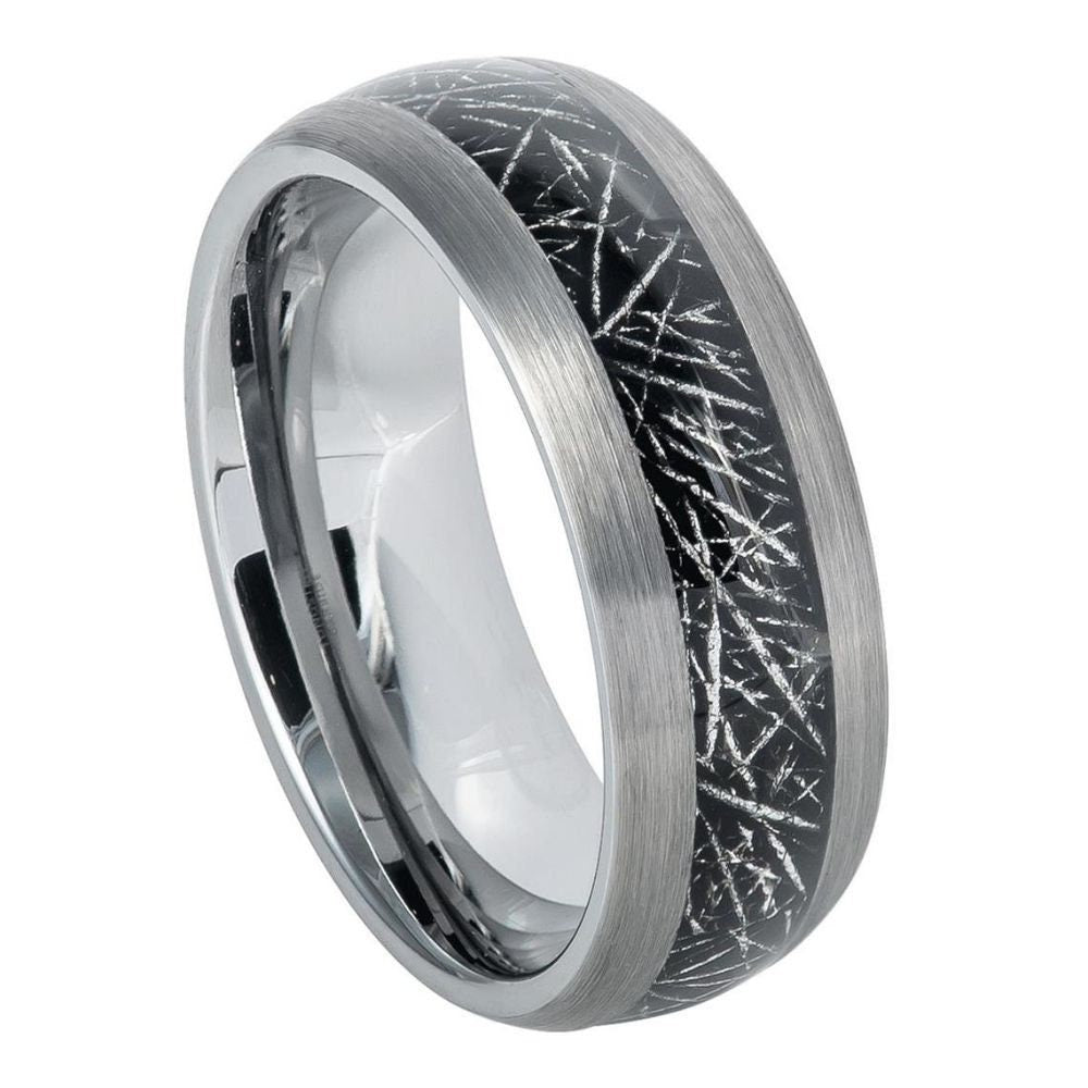 Men's Silver and Black Inlay Centered Art Pattern Tungsten Wedding- 8mm Engraved Tungsten Ring