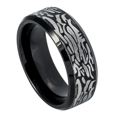 Men's Black Tungsten Wedding Band Laser Carved Art Pattern And Beveled Edge- 8mm Engraved Tungsten Ring