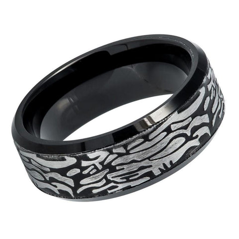 Men's Black Tungsten Wedding Band Laser Carved Art Pattern And Beveled Edge- 8mm Engraved Tungsten Ring