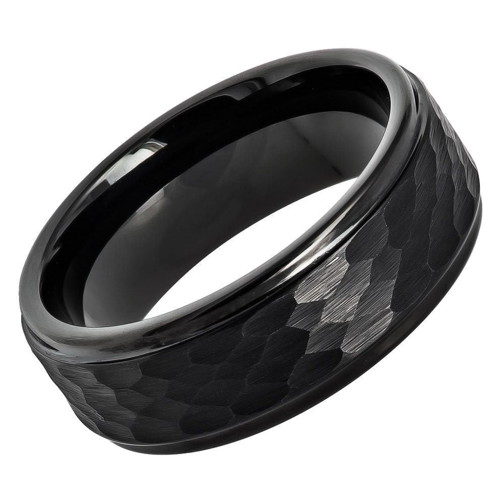 Men's Tungsten Black Hammered Finish Wedding Band With Stepped Edge- 8mm Engraved Tungsten Ring
