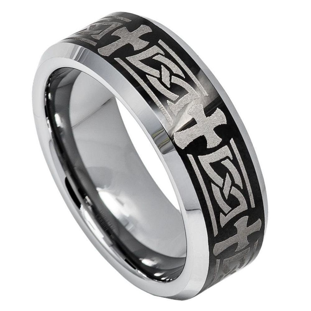 Tungsten Ring, Christian Cross Rings, Celtic Wedding Band, Black 8MM Ring, Tungsten Engraved Ring, Promise Rings, Engagement Ring.