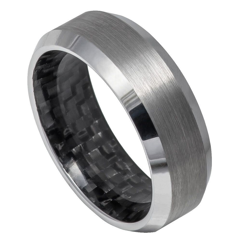 Men's Silver Tungsten Wedding Band With Black Carbon Fiber Interior And Brushed Center- 8mm Engraved Tungsten Ring