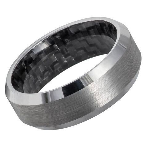 Men's Silver Tungsten Wedding Band With Black Carbon Fiber Interior And Brushed Center- 8mm Engraved Tungsten Ring