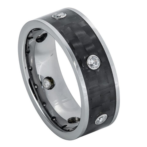 Men's Tungsten Wedding With 6 White Cubic Zirconia Stones Black Carbon Fiber Inlay- 8mm Engraved Tungsten Ring