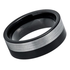 Men's Flat Two Tone Black And Silver Brushed Tungsten Wedding- 8mm Engraved Tungsten Ring