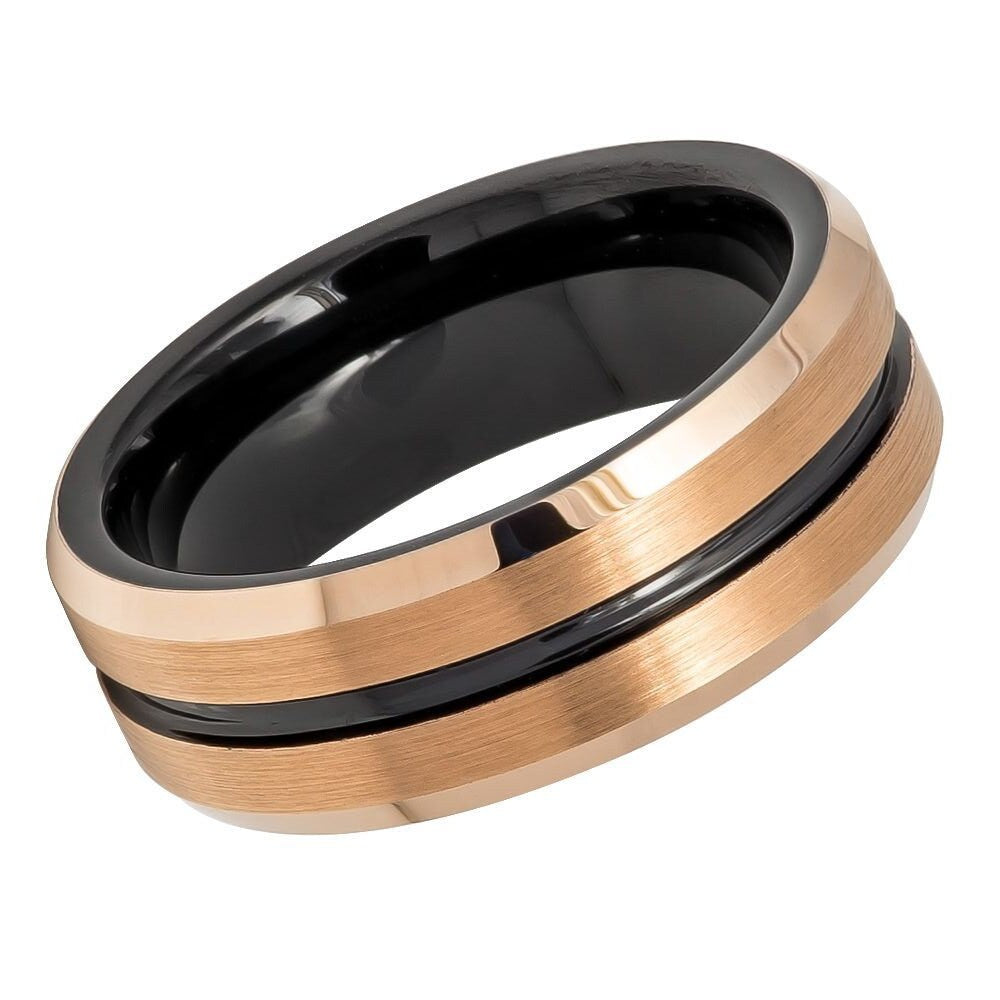 Men's Rose Gold And Black Grooved Tungsten Wedding Band- 8mm Engraved Tungsten Ring