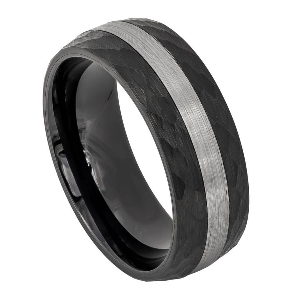 Men's 2 Tone Semi Dome Hammered Tungsten Wedding Black IP Comfort Fit- 8mm Engraved Tungsten Ring