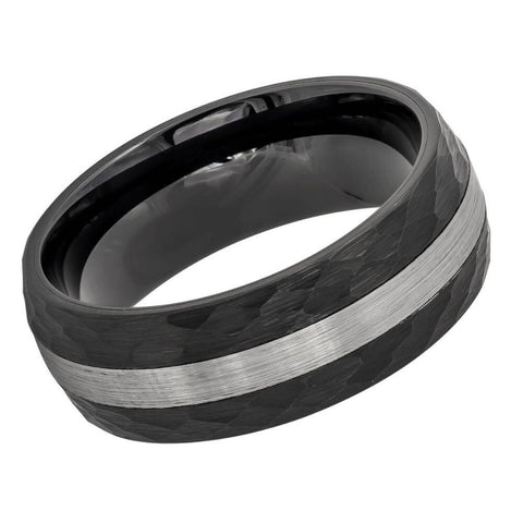 Men's 2 Tone Semi Dome Hammered Tungsten Wedding Black IP Comfort Fit- 8mm Engraved Tungsten Ring