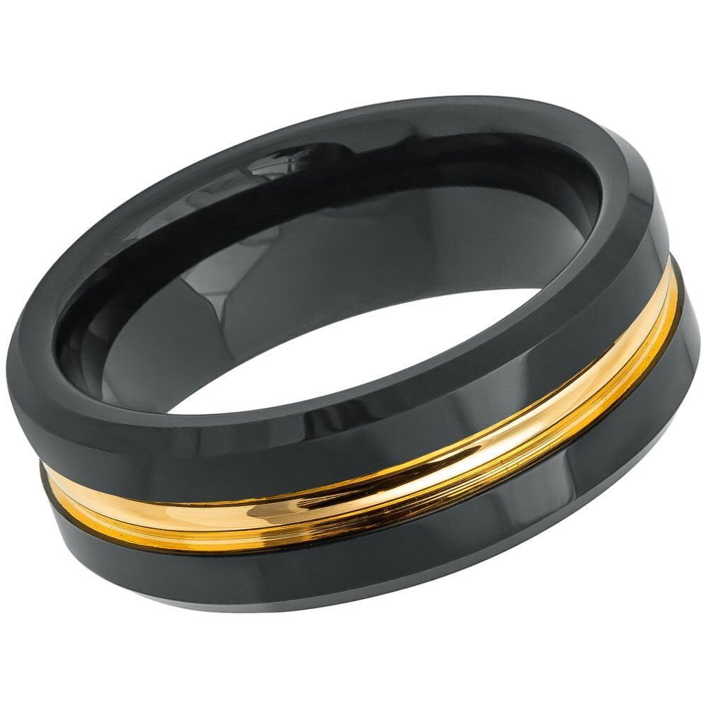 Unisex Black Tungsten Wedding Band Gold Step- 8mm Engraved Tungsten Ring