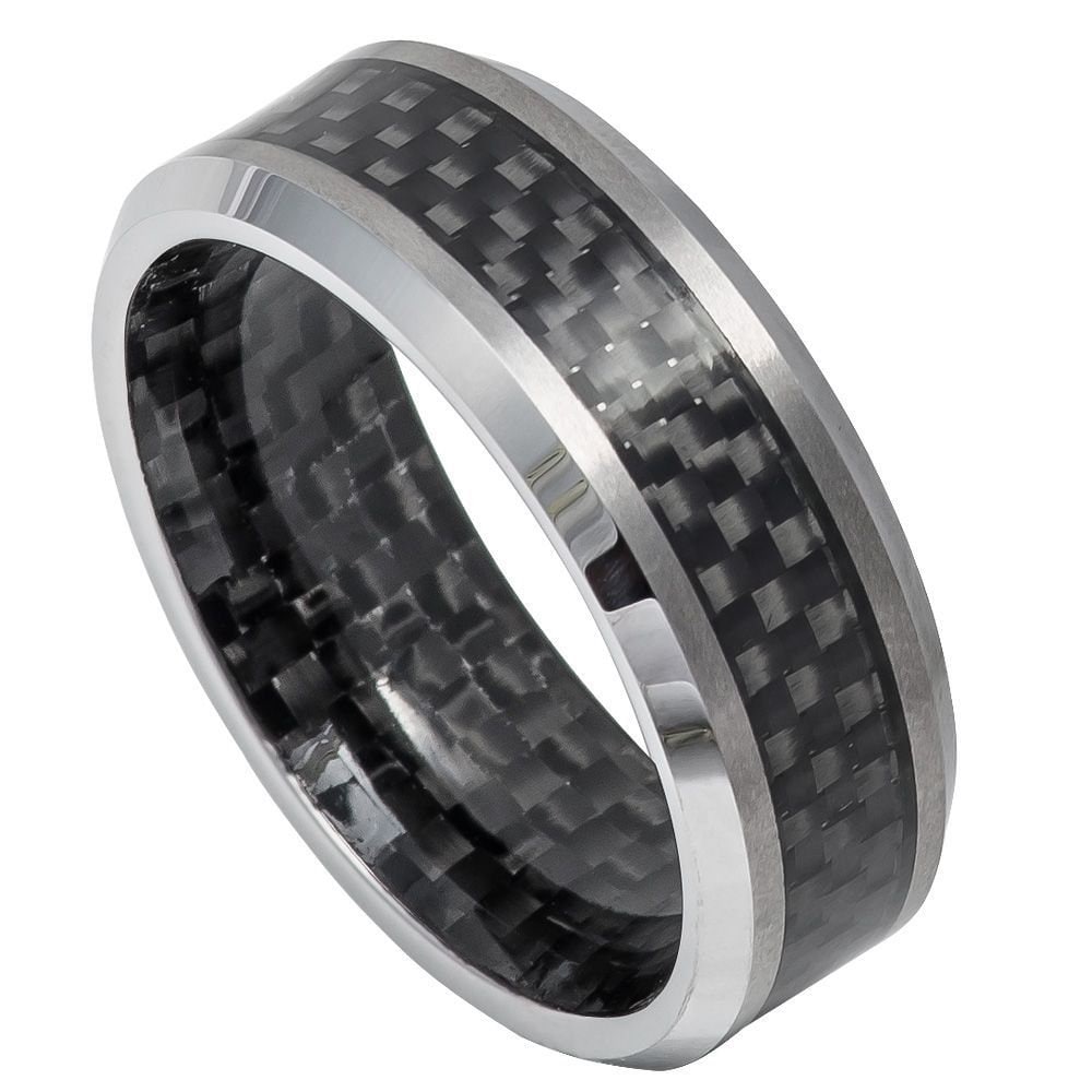 Men's Black Tungsten With Silver Finished- 8mm Engraved Tungsten Ring